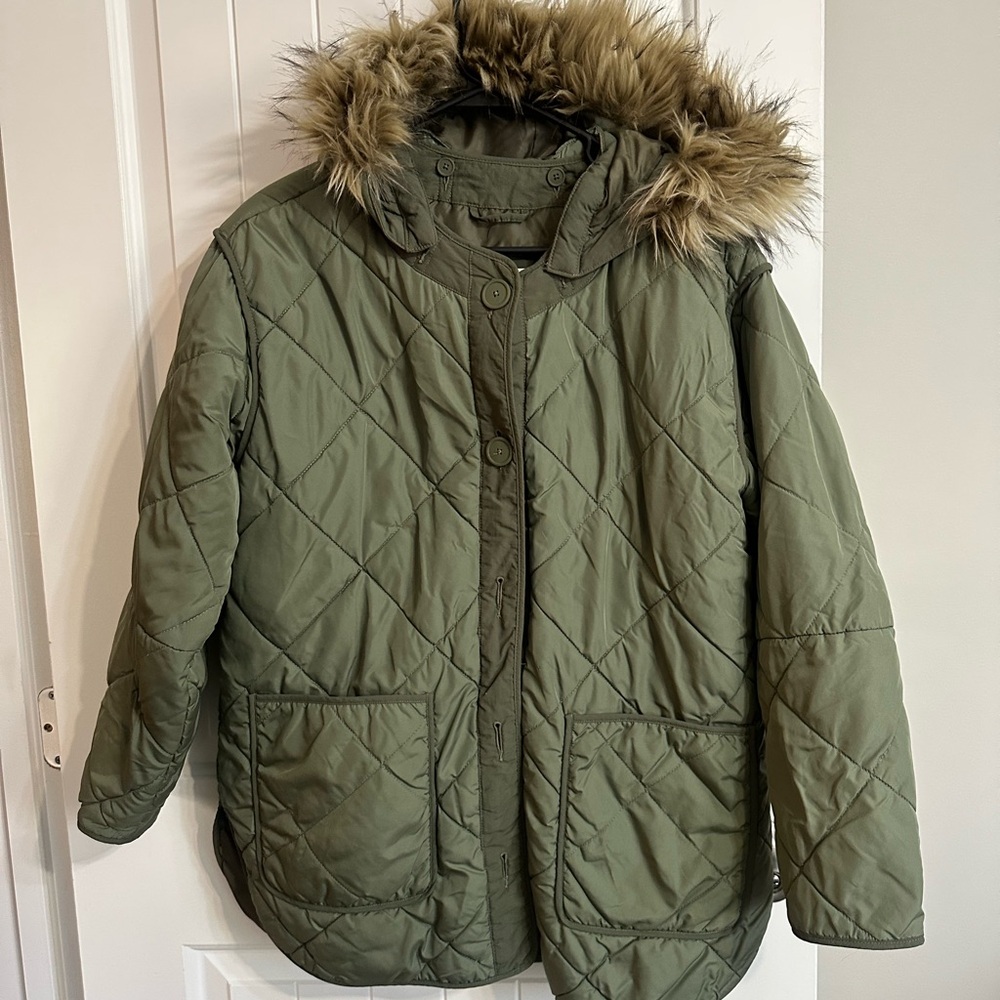 Olive Green Quilted Jacket with Faux Fur Hood